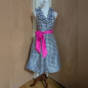 Eliza J Navy Stripe Ruffle Dress Pink Sash Fit & Flare NWT Size 6